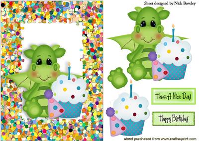 Little Green Dragon with Cupcake in Jigsaw Frame
