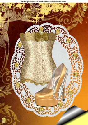 Elegant Gold Corset & Shoes on Lace Background A4 Topper