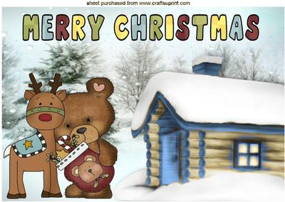 Teddy with Reindeer in the Snow with Cottage A4