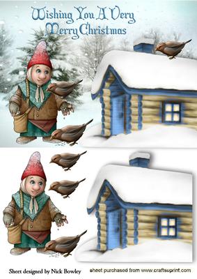 Gnome Feeding Birds with Cottage