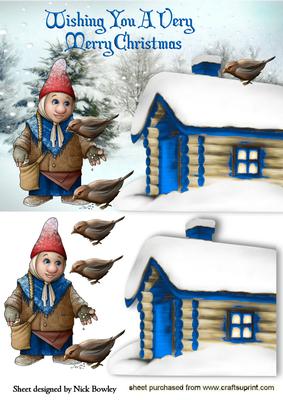 Gnome Feeding Birds in Blue with Cottage