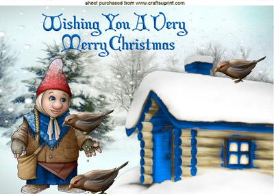 Gnome Feeding Birds in Blue with Cottage A4
