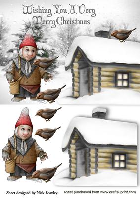 Gnome Feeding Birds in Silver with Cottage