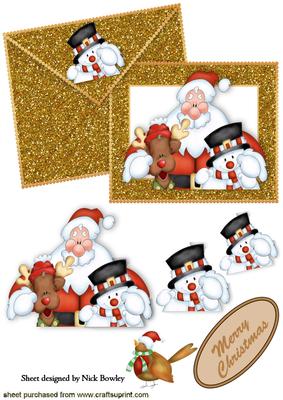 Santa & Friends on Gold Glitter Card & Envelope