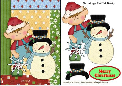 Santas Elf with Snowman in Tapestry Frame