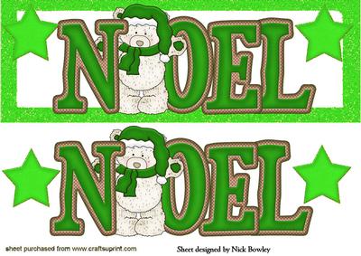 Noel in Green Glitter Frame with Teddies Dl
