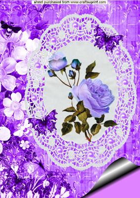 Beautiful Purple/lilac Roses on Lace & Pearl A4 Topper