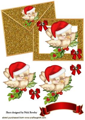 Little Robin on a Holly Branch, Gold Glitter Card & Envelope
