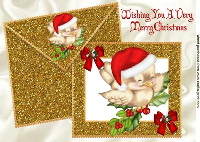 Robin on a Holly Branch , Gold Glitter Card & Envelope A4