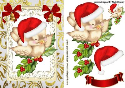 Little Robin in Santa Hat on Holly
