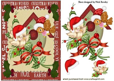 Birdhouse with Robins and Holly