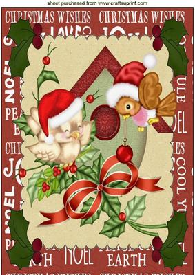 Birdhouse with Robins and Holly A4