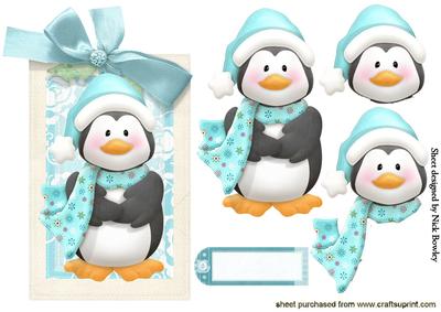 Cute Penguin in Hat and Scarf on a Tag with Bow