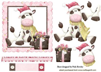 Little Cow Sitting in Santa Hat with Present