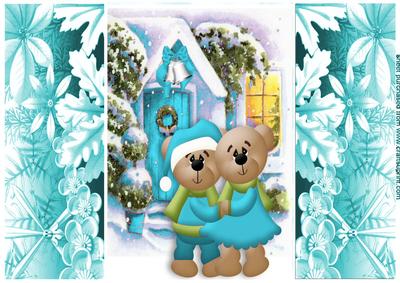Little Bears in Turq Cuddling in the Snow Floral Doors