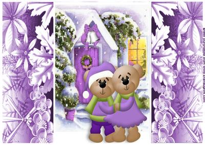 Little Bears in Purple Cuddling in the Snow Floral Gatefold