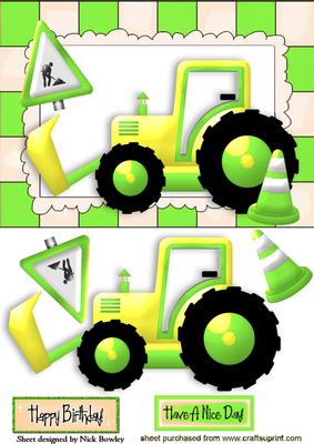Green Digger with Cone and Roadwork Sign