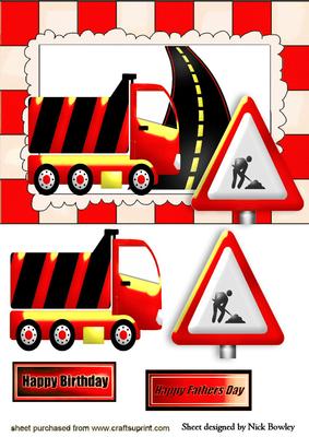 Road Works Ahead, with Red Truck and Sign