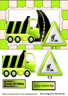 Road Works Ahead, with Green Truck and Sign