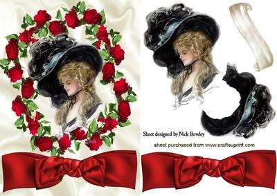 Vintage Lady in Big Hat in Red Rose Frame