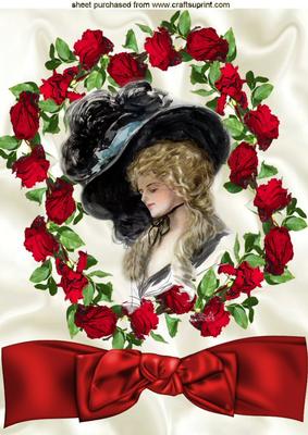 Vintage Lady in Big Hat in Red Rose Frame A4