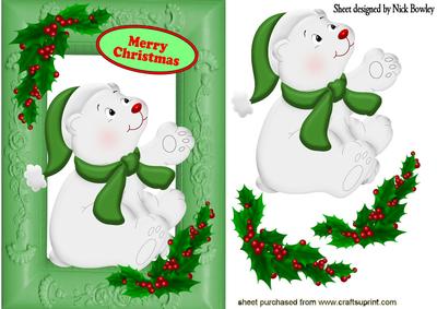 Baby Polar Bear, in Santa Hat with Holly
