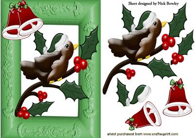 Little Bird on a Holly Branch with Bells