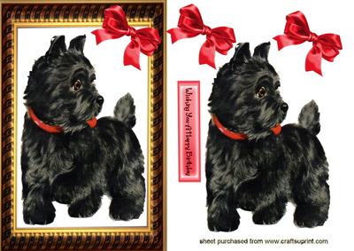 Cute Black Scottie Dog with Bow in Gold Frame