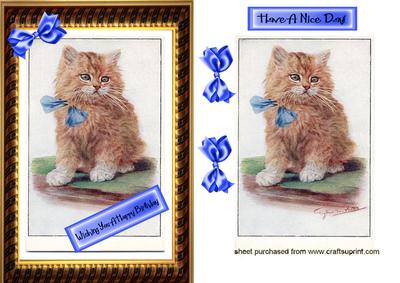 Cute Little Kitten with Blue Bow in Gold Frame