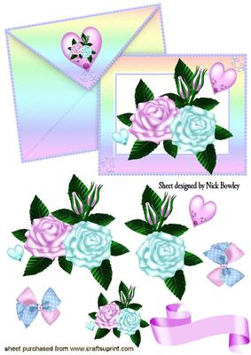 Shades of Pink/blue Roses on a Card with Envelope