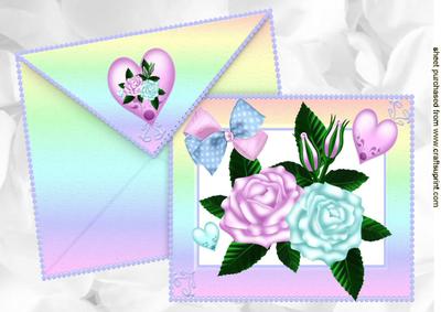 Shades of Pink/blue Roses on a Card with Envelope A4