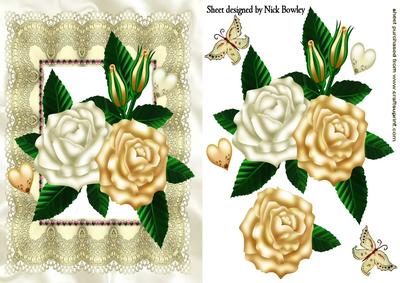 Cream/gold Roses on Vintage Lace with Butterflies