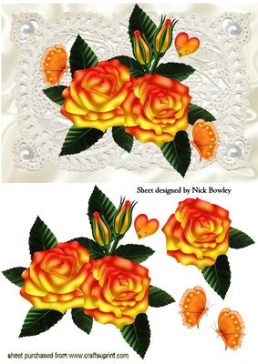 Beautiful Orange Roses on Ecru Vintage Lace with Butterflies