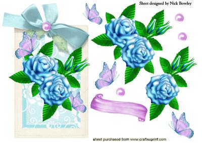 Blue Roses and Lilac Butterflies on a Floral Tag