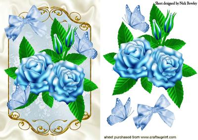 Blue Roses and Blue Butterflies in Ornate Frame