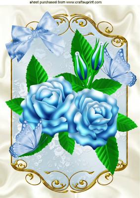 Blue Roses and Blue Butterflies in Ornate Frame A4