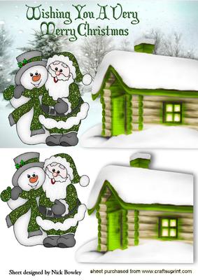 Lovely Santa in Green Glitter with Snowman