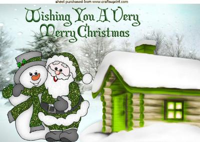 Lovely Santa in Green Glitter with Snowman A4
