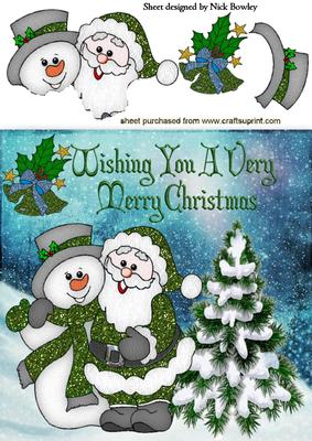 Santa and Snowman in Green Glitter with Tree 8x8