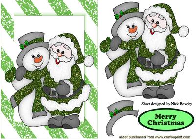 Santa and Snowman in Green Glitter in Striped Frame