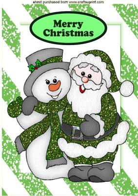Santa and Snowman in Green Glitter in Striped Frame A4