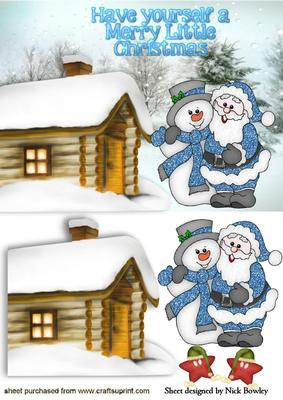 Santa in Blue with Snowman with Cheeky Stars