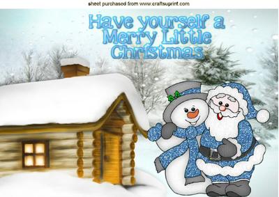 Santa in Blue with Snowman with Cheeky Stars A4
