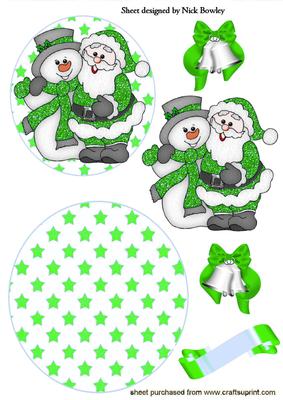 Santa in Green with Snowman, Rocker Card