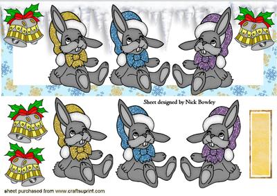 Little Grey Bunnies in Santa Hats in Snowflake Dl