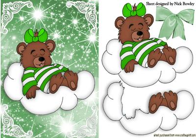 Sleepy Teddy in Green on a Cloud with Stars