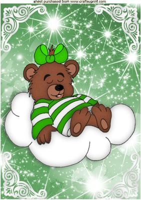 Sleepy Teddy in Green on a Cloud with Stars A4