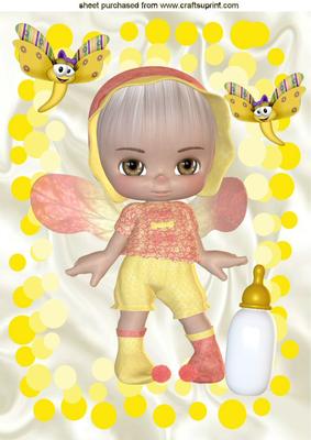Faerie Baby with Butterflies in Yellow Bubble Frame A4 In
