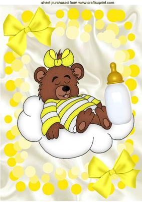Sleepy Teddy on a Cloud in Yellow Bubble Frame A4