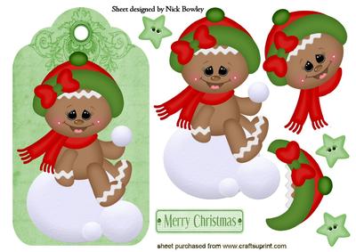 Little Gingerbread Girl Sitting on Snow on a Tag